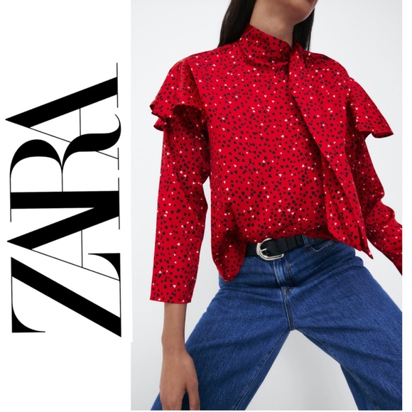 Zara Tops - Zara red satin heart patterned tiered pussybow blouse